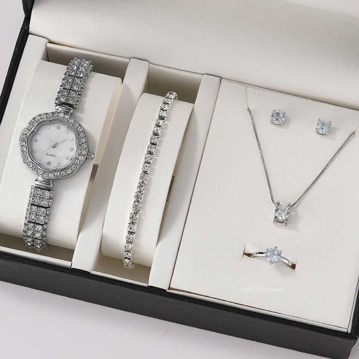 6 pieces/set of jewelry set luxurious quartz watch with stainless steel strap clock rhinestone ring necklace earrings (without box) X241106