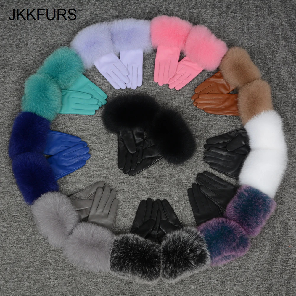 Womens genuine leather gloves for winter warmth made of genuine sheepskin and fox fur fashionable style natural fluffy fox fur S7200 241106