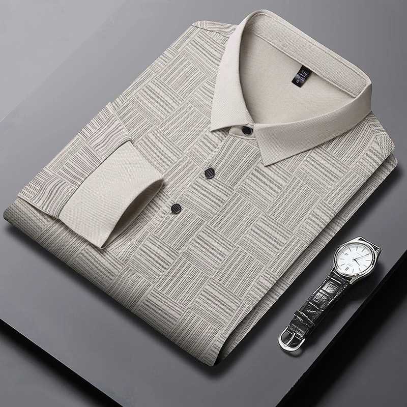 Mens high-end brand 2024 new spring and autumn striped printed long Sved seamless shirt anti wrinkle lapel T-shirt top W241106