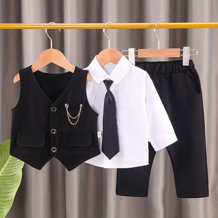 boys solid color childrens gentleman suit wear baby chain vest Tie Shirt three piece formal evening fashion dres 241106