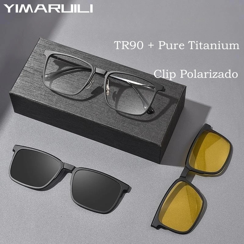 YIMARUILI Fashion Polarized Magnetic Clip On Glasses TR90 Pure Retro Square Optical Prescription Eyeglasses Frame Men 241105