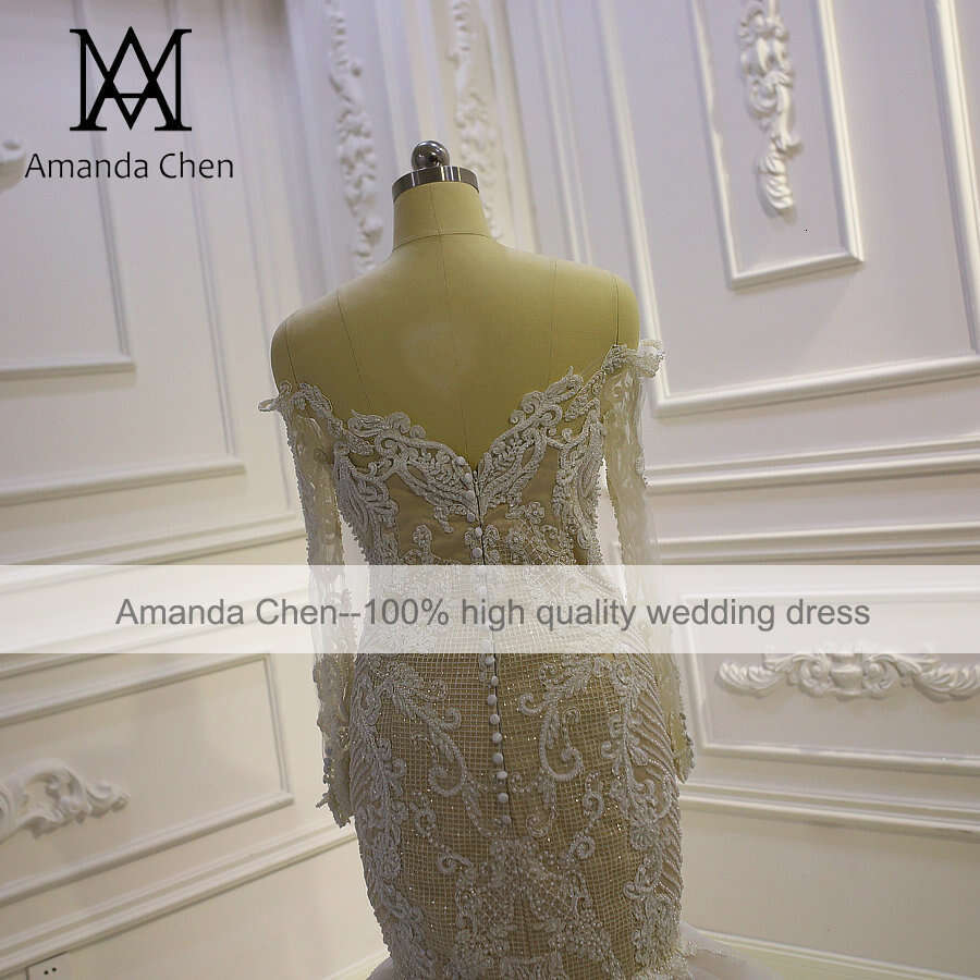 Off Shoulder Long Sleeve Lace Appliques Champagne Mermaid Wedding dress