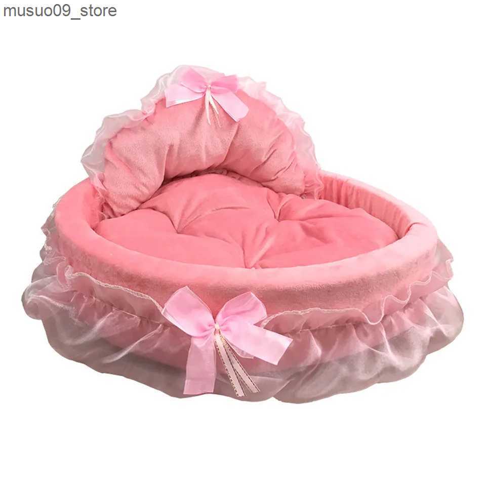 kennels pens Hanpanda Fantasy Bow lace dog bed for large dogs detachable oval pink princess pet bed basket for dogs pets wedding furniture L240910