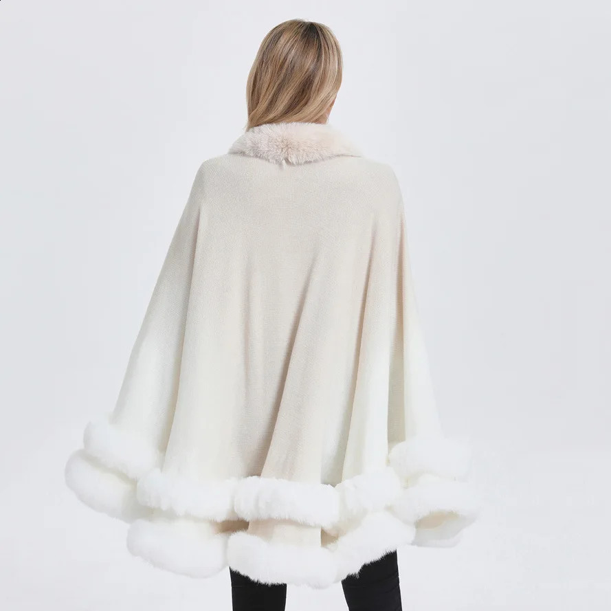 Winter 2 Circle Faux Fur Collar Big Pendulum Shawl Overcoat Loose Cloak Women Warm Gradient Colors Cashmere Poncho Capes 241105