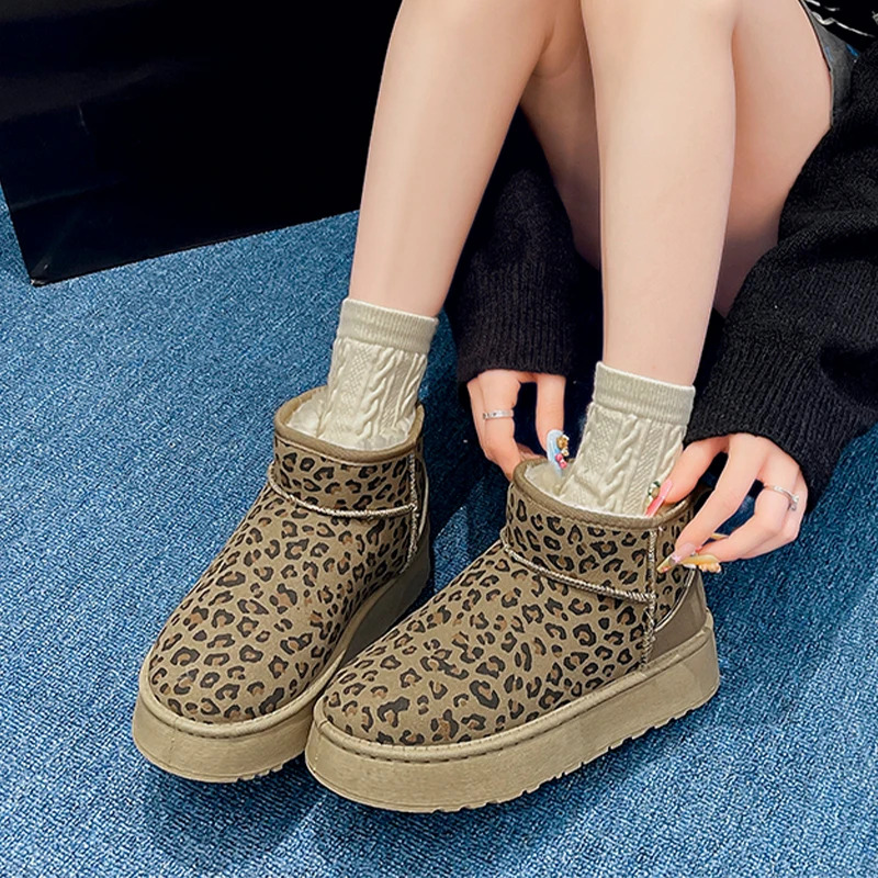 Platform Snow Ankle Boots Leopard Women Warm Cotton New Fashion Winter Casual Flats Shoes 2025 Trend Suede Plush Botas