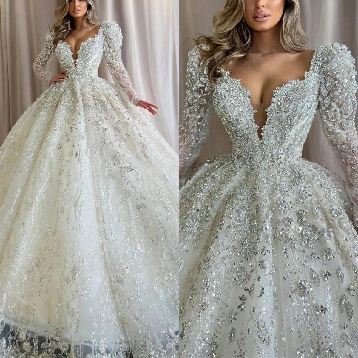 Crystal Urious Wedding Dresses Beading Bride Ball Gown Sequins Princess Bridal Dress Deep V Neck Long Sleeves Customized Vestidos De Novia estidos