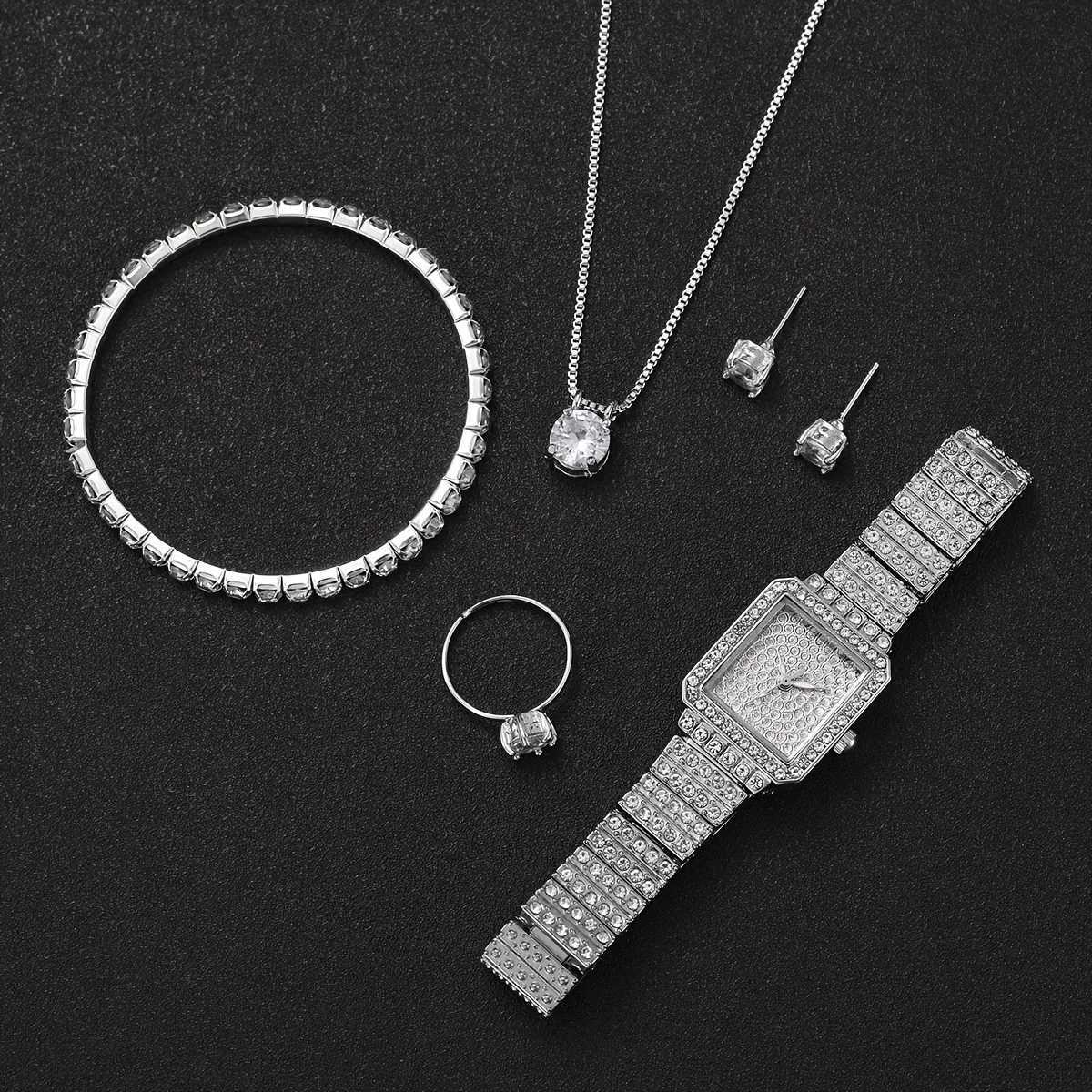 6 pieces/set of warm luxury rhinestone quartz watches sparkling fashion simulation watches and jewelry sets a gift for M X241106