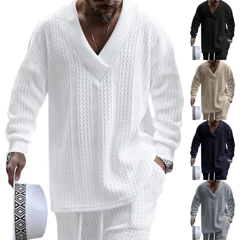 Mens Sweater Autumn Winter V-Neck Jacquard Warm Solid Color Long-Sleeved Sweater Casual Fashion Street Suit Mens Pullover 241106