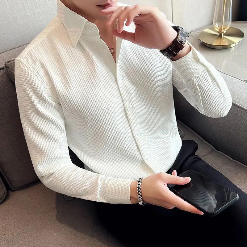 Waffle Spring Autumn Mens Shirt Casual and Slim Long Sleeve Solid Polo Neck Shirt Non Iron Wrinkle Resistant Business Tops 241106