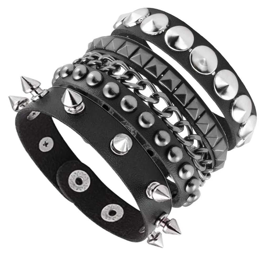 New 3-Piece/Set Black Gothic Emoji Boho Bracelet Mens Wenpunk Gothic Spike Rivet PU Leather Bracelet Party Jewelry Gift X241106