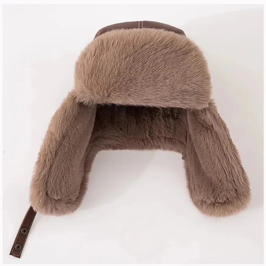 Artificial fur leather bomber hat with earrings Hunter winter pilot hat mens thick warm ski hat Usanka Russia 241106