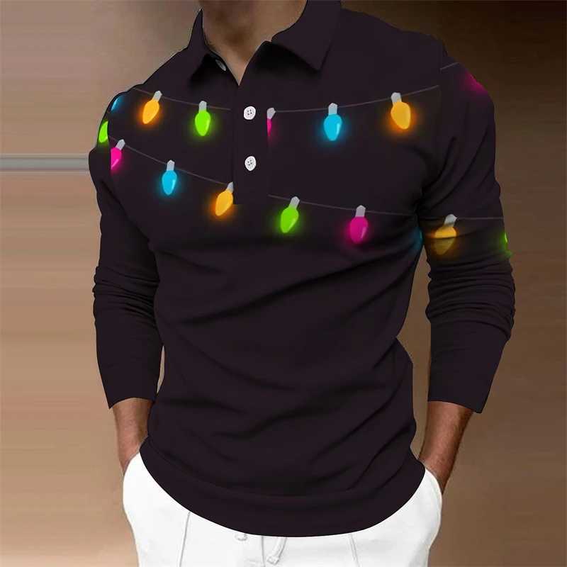 Simple Christmas light pattern shirt fashionable autumn long Sve 3D printed mens casual T-shirt W241106
