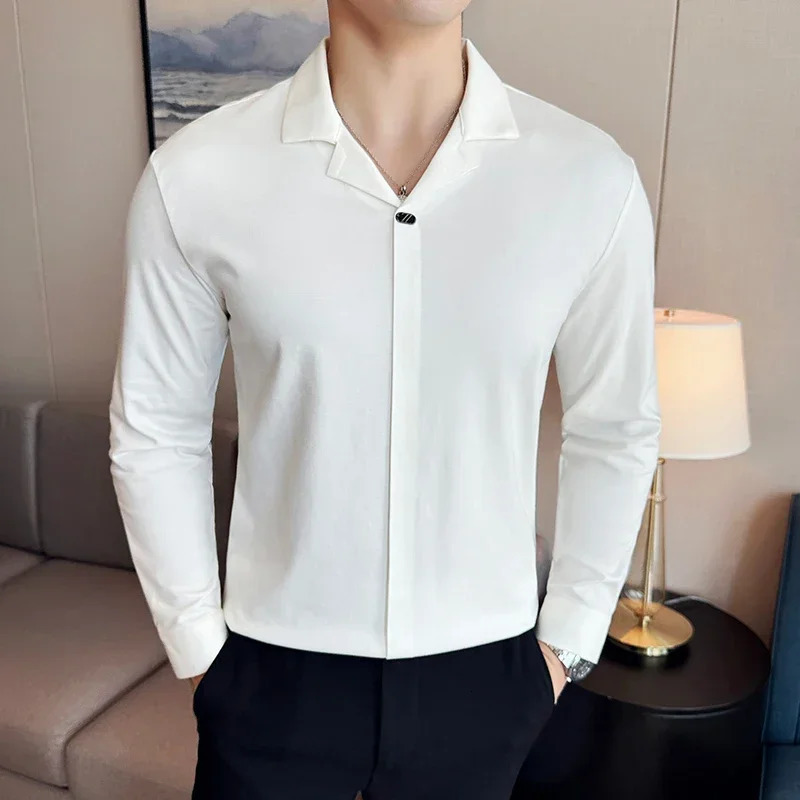 High-end Seamless V-Neck Polo Shirt Mens Long-Sleeved Traceless Elasticity Slim Fit Casual Tee Fashion Business Social Clothing 241106