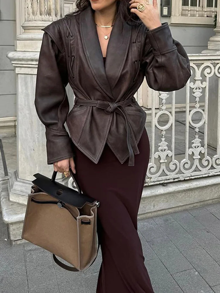 Womens Street Leather Jacket 2024 Autumn Winter Versatile Brown Long Sleeves V-neck Lace-up Coats Causal Female Outerwear 241106