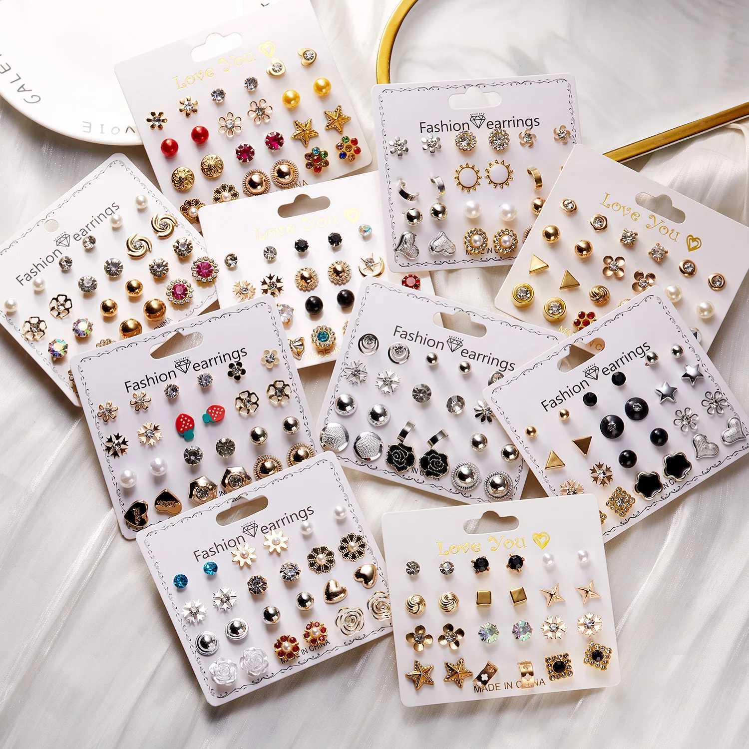 12 pairs of Cbination earrings set designed for Exclusite imitation pearl flower zircon earrings jewelry gifts X241106