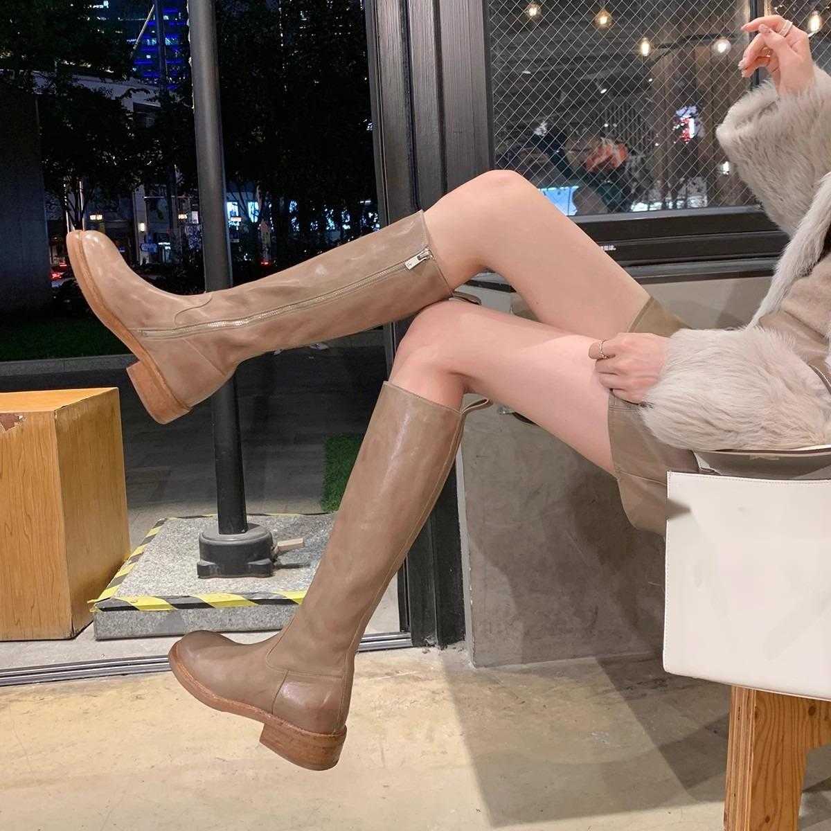 CMM Full Horse Leather Round Head Thick Heel Increased Height Mid Barrel Knight Boots Womens Autumn and Winter