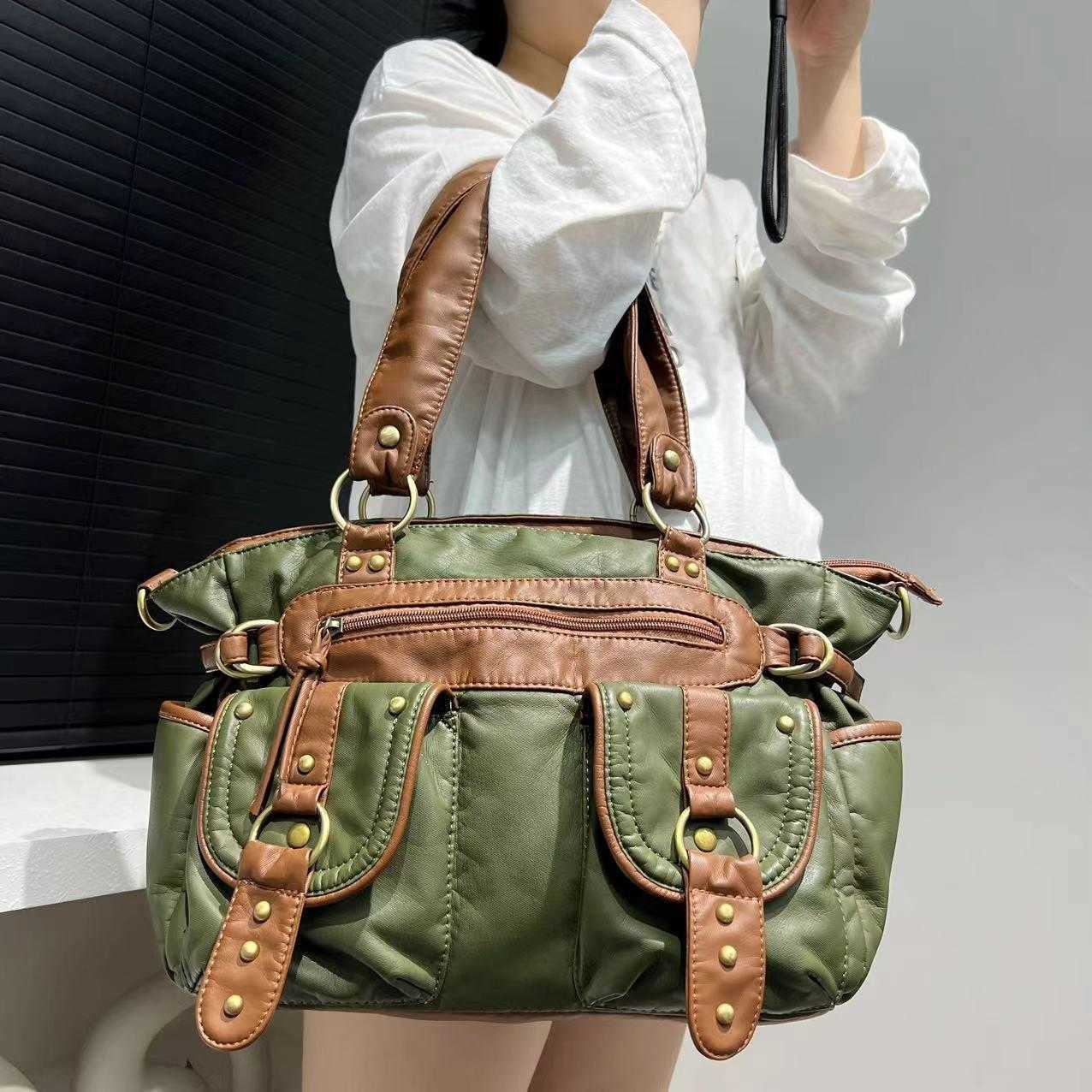 Ladies' fashionable washed old spicy girl motorcycle bag with large capacity splicing single shoulder crossbody bag 241115