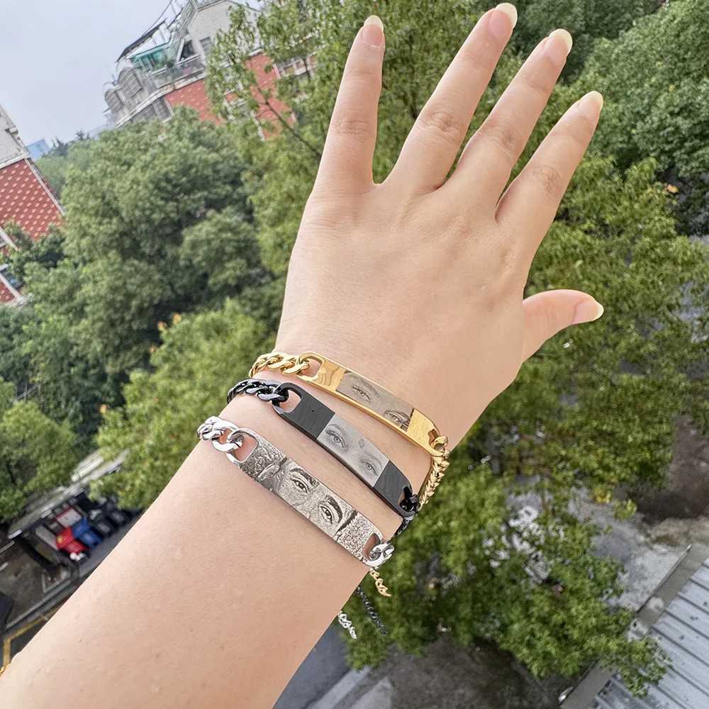 Personalized E photo couple bracelet stainless steel Cuban chain bracelet can be carved picture Personalized jewelry set X241106