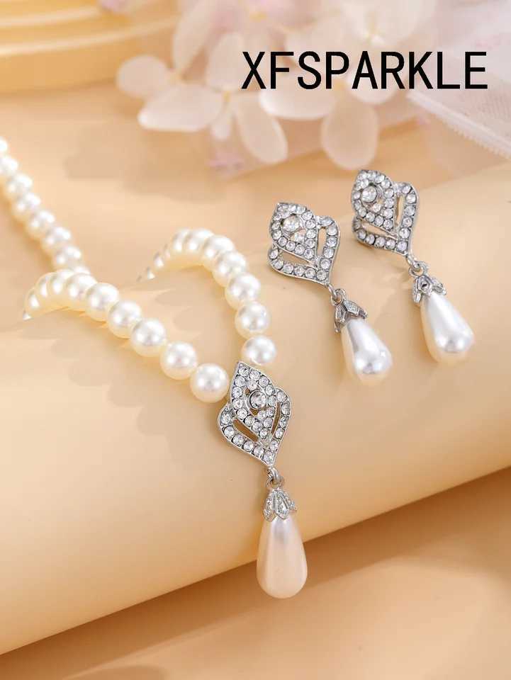 Personalized Pearl Necklace Earring Set Wen Shi Fashion Temperature Explosion Alloy Electroplating Wedding Dress Accessories X241106