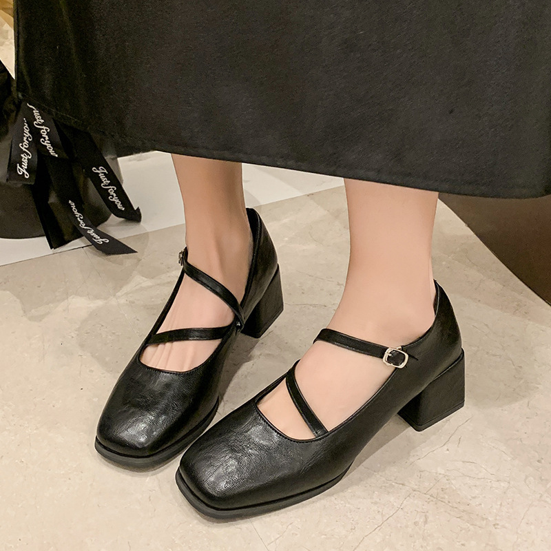 2024 Spring and Autumn New Shallow Single Shoes for Women's Style French High Heels Thick Heels Square Head Mary Jane Small Leather Shoes
