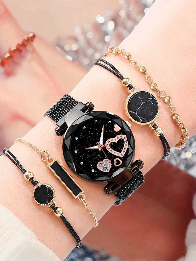 5 pieces of fashionable starry sky absorbing iron mesh with quartz watch and bracelet Cbination set X2411061