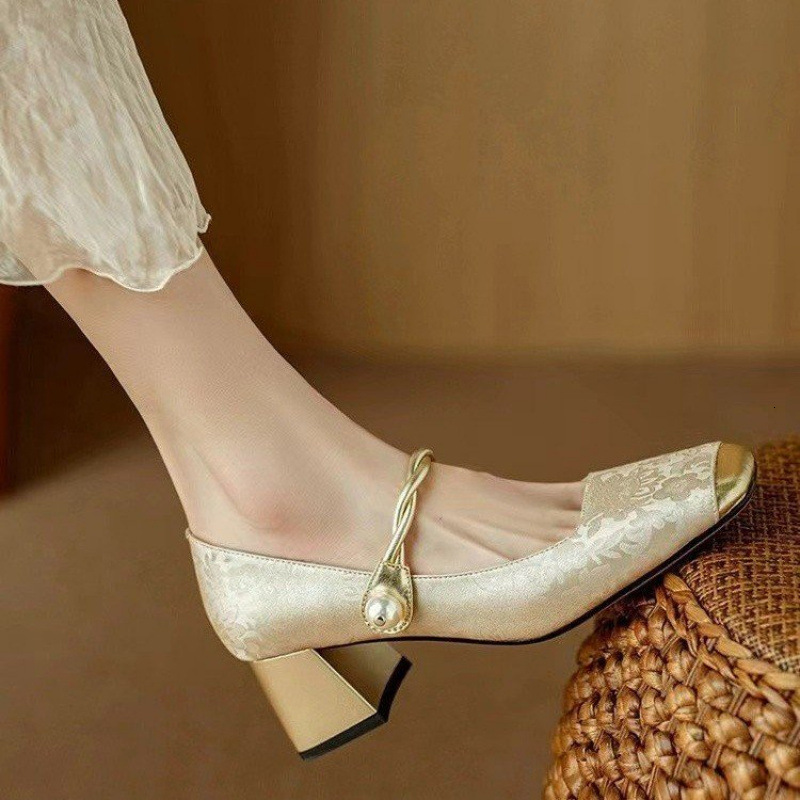 Elegant New Season Women's Footwear - Chinese Inspired National Style High Heeled Sandals with Mary Jane Detail