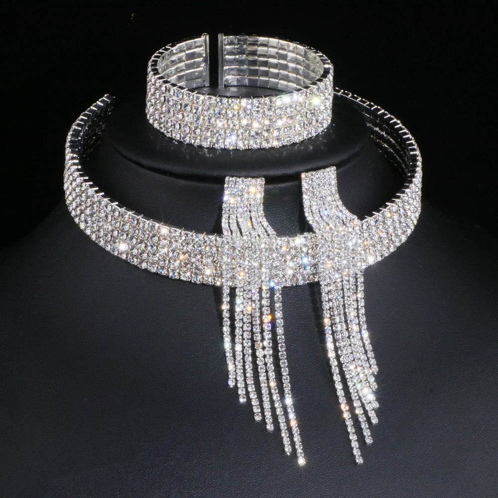 Classic Elegant Tassel Crystal Bridal Jewelry Set African Water Diamond Wedding Necklace Earrings Bracelet Set WX081 241106