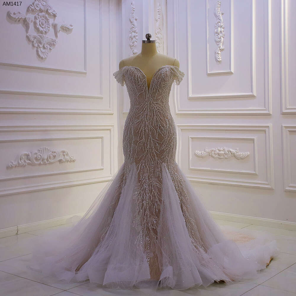 Champagne Off The Shoulder Full Pearls Lace Mermaid Wedding Dress