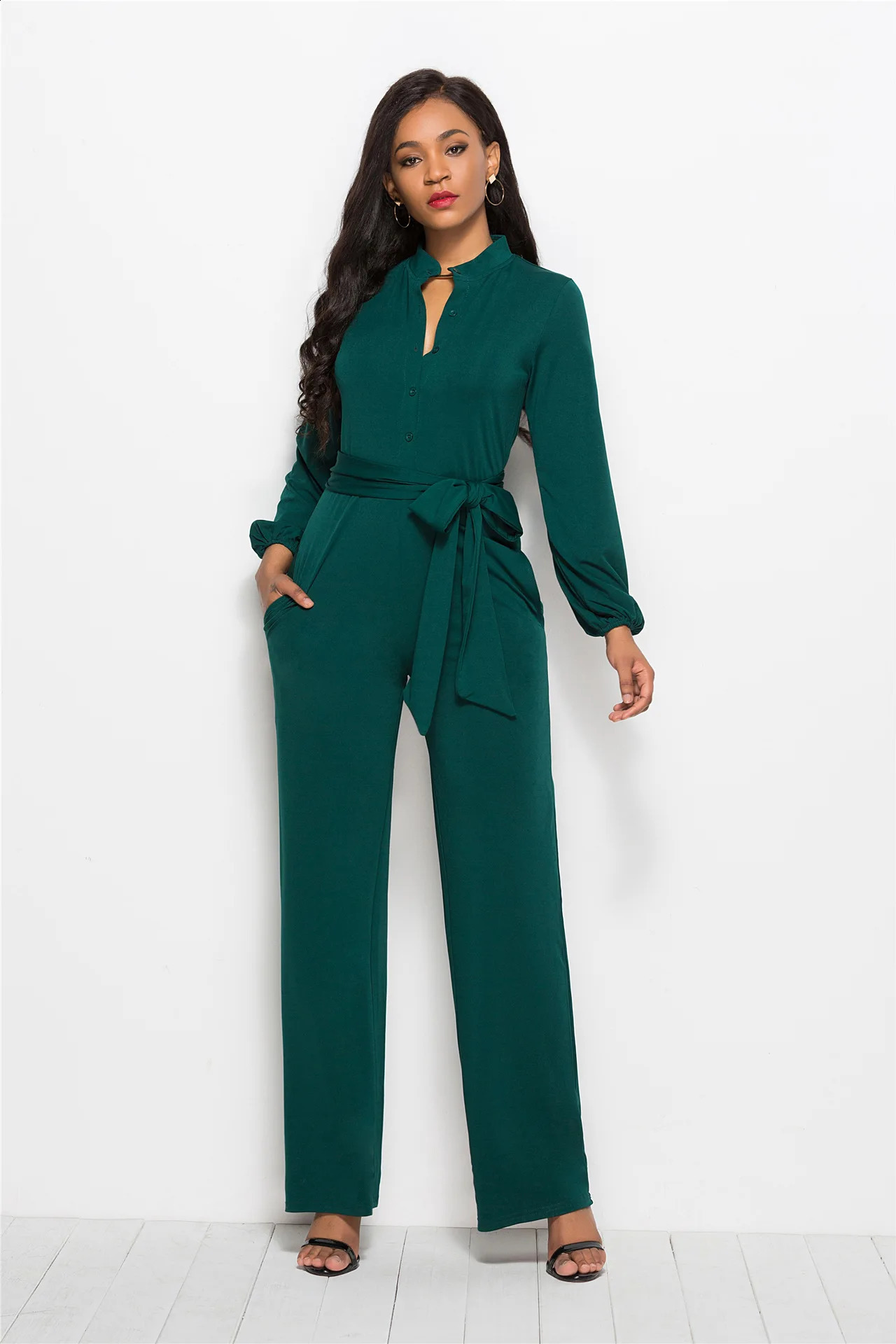 Temperament Solid Color Slim Jumpsuits Women Fashion Long Sleeve Buttons High Waist Leace-up Jumpsuit Ladies Commuting Clothing 241105