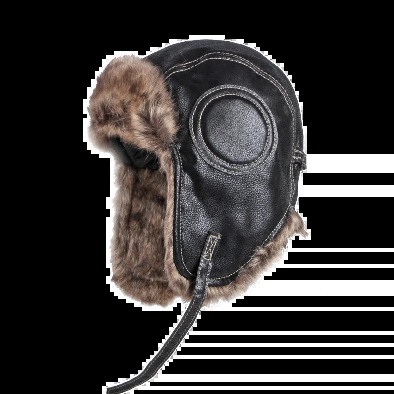 Russian Hunter Soviet Ushanka Bomber Hat Knitted Leather Earrings Fur Lining Mens Winter Hat 241106