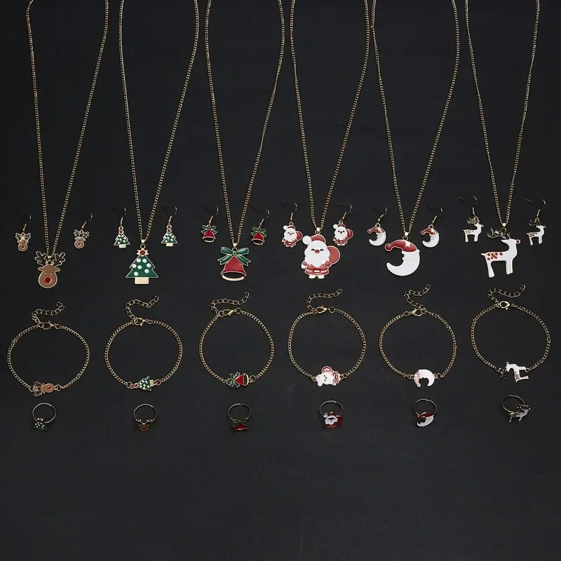 5 pieces/set Christmas Womens Alloy Jewelry Set Santa Claus Elk Bell Earrings Necklace Decoration Christmas Accessories Girl Gift 241106