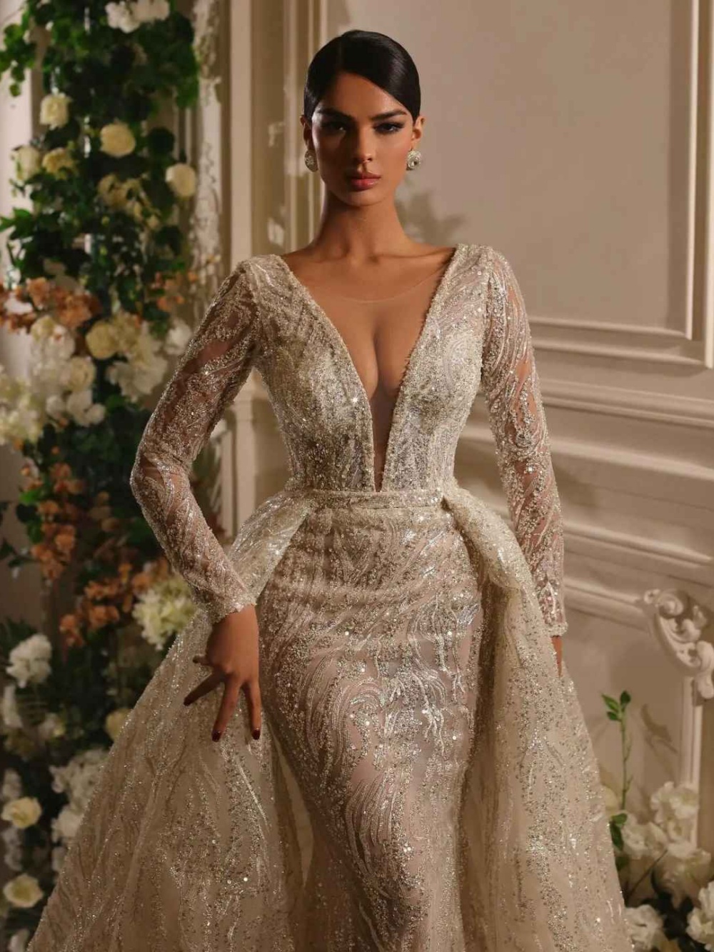 Exquisite Mermaid Wedding Dress Beaded Sequins O Neck Bride Gowns Detachable Sweep Train Sequined Bridal Dresses Customized