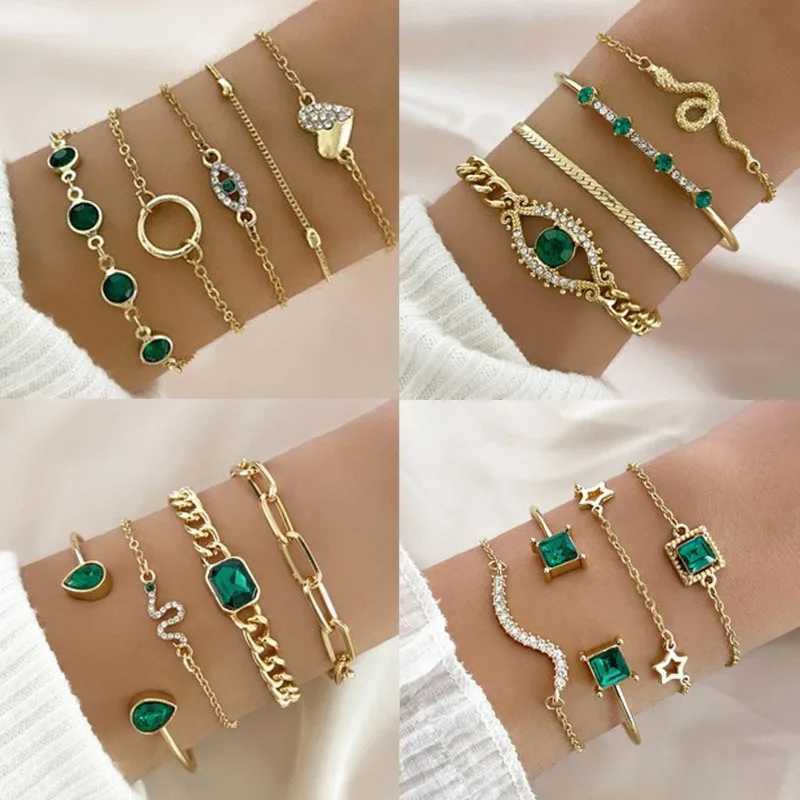 7 Simple Mtilayer Gold Green Water Diamond Bracelet Set Fahsion Serpentine Zircon Bracelet X241106