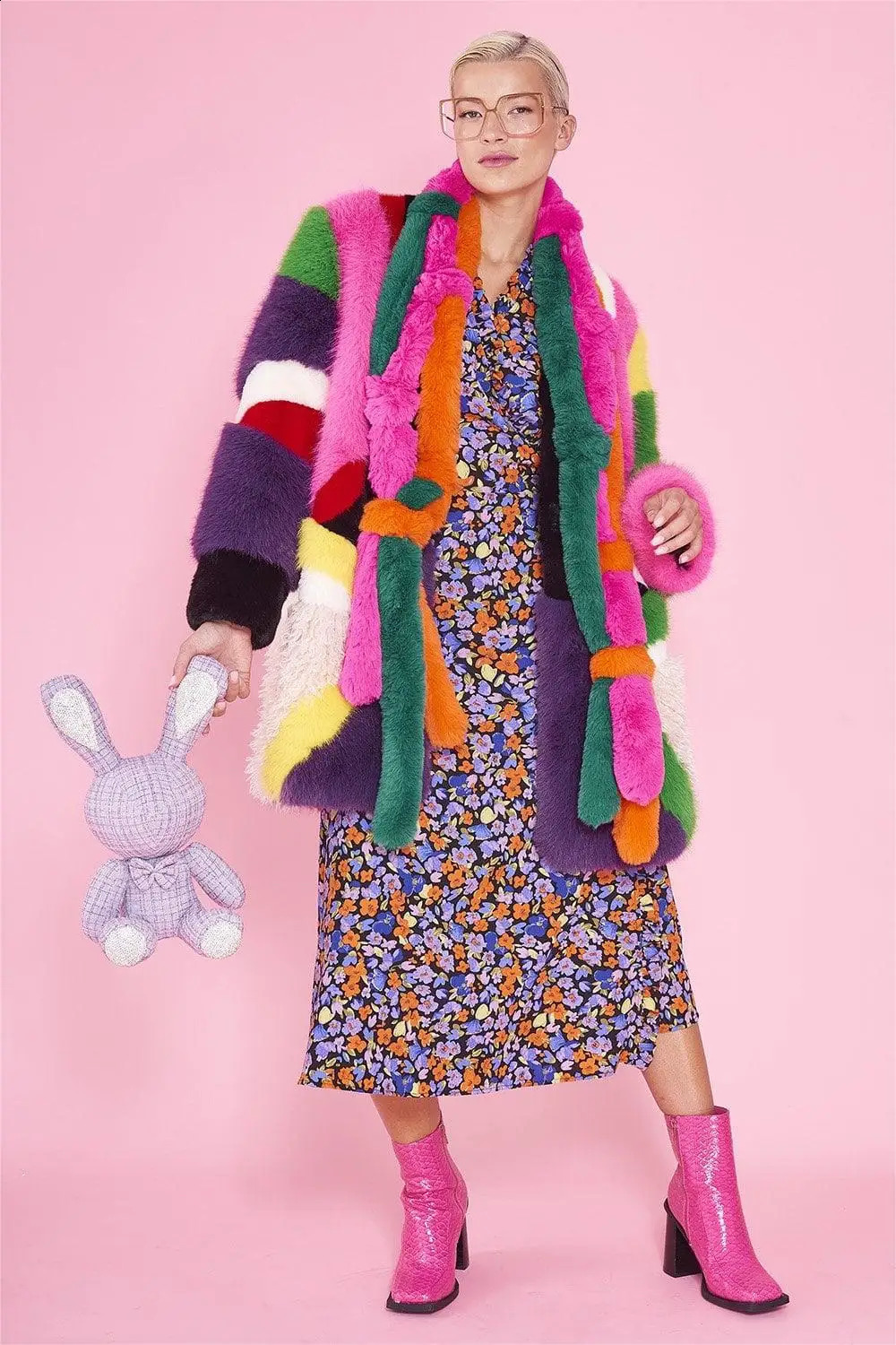Personalized Faux Fur Coat MultiColor Splicing Bright Soft Comfortable HighQuality Women 241104