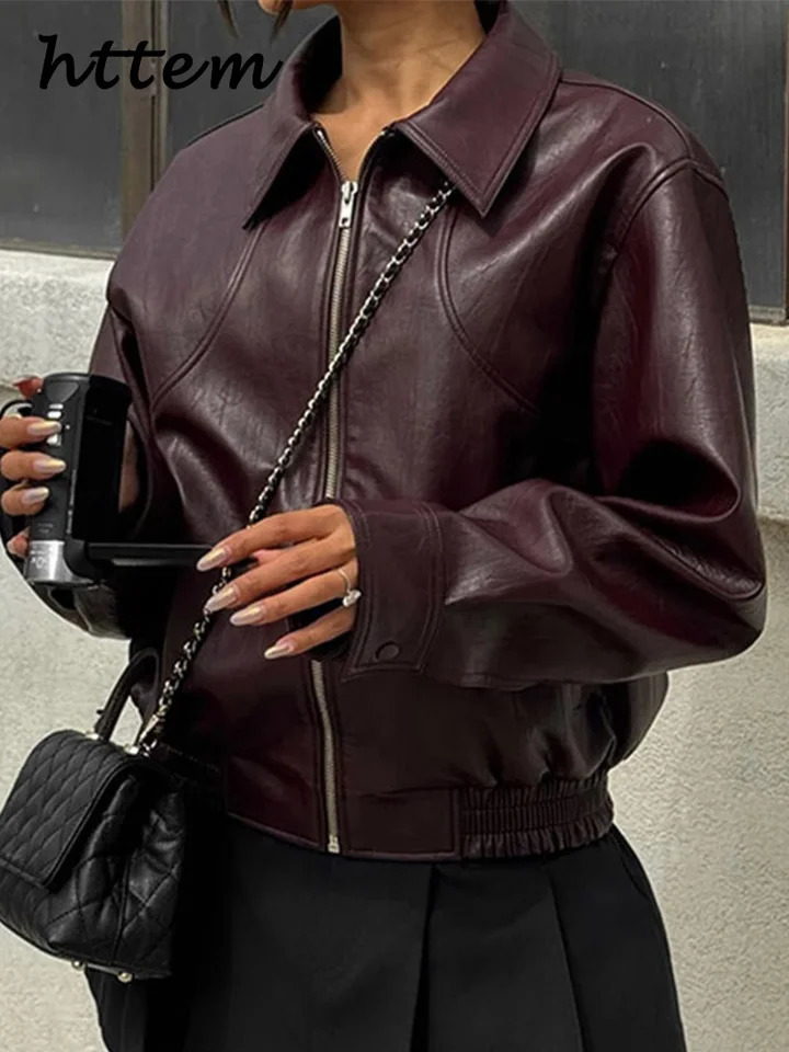 Fashion Zipper Short Leather Jackets Women Loose Lapel Long Sleeve Spliced Cropped Coats 2024 Autumn Lady Solid Y2k Streetwear 241106