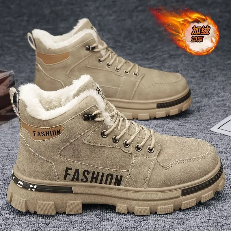 New Men's Outdoor Winter Anti Slip Plush Snow Boots Indoor Warm And Cold Resistant Snow High Top Lace Up Shoes Pressure Resistant Sports Work Boo