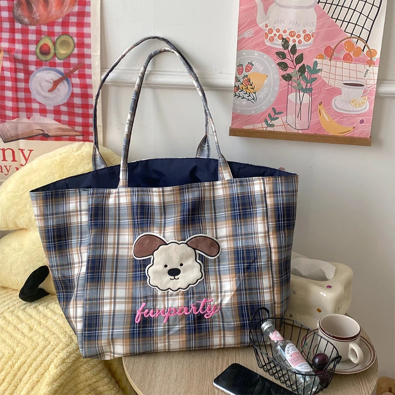 Cute cartoon dog womens canvas shoulder bag with letter printing plain weave womens double-sided large capacity handbag handbag 241105