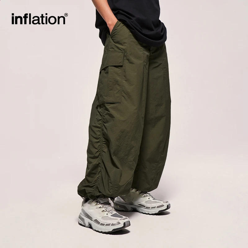 Inflatable Classic Parachute Cargo Pants Loose Fit Wide Legs Trouser Unisex Luggage Trouser 241031