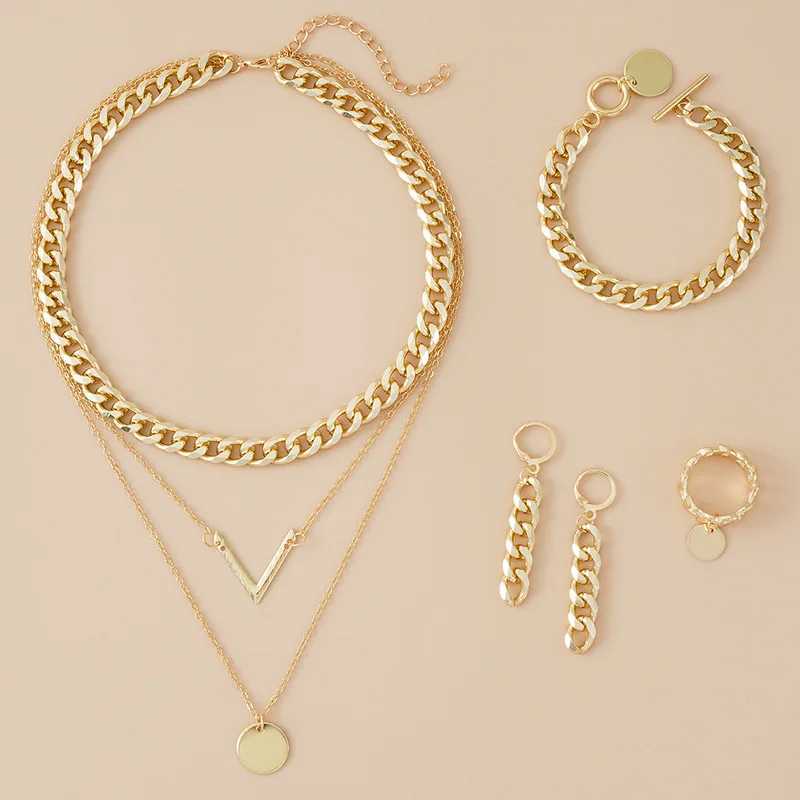 Sn piece set fashionable Mtilayer retro V-shaped necklace used for earrings jewelry aluminum chain bracelet X241106