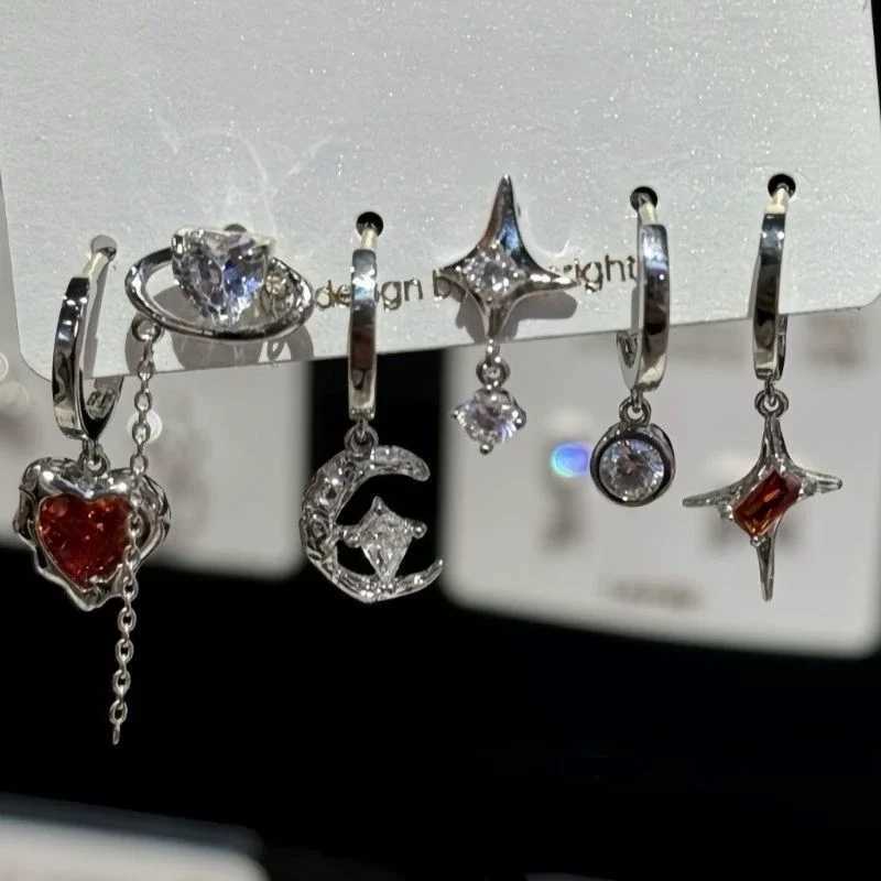 6-piece Gothic Red Crystal Star Black Pentagram Pendant Earrings for Vintage Aesthetic Trendy Y2K Jewelry Accessories X241106
