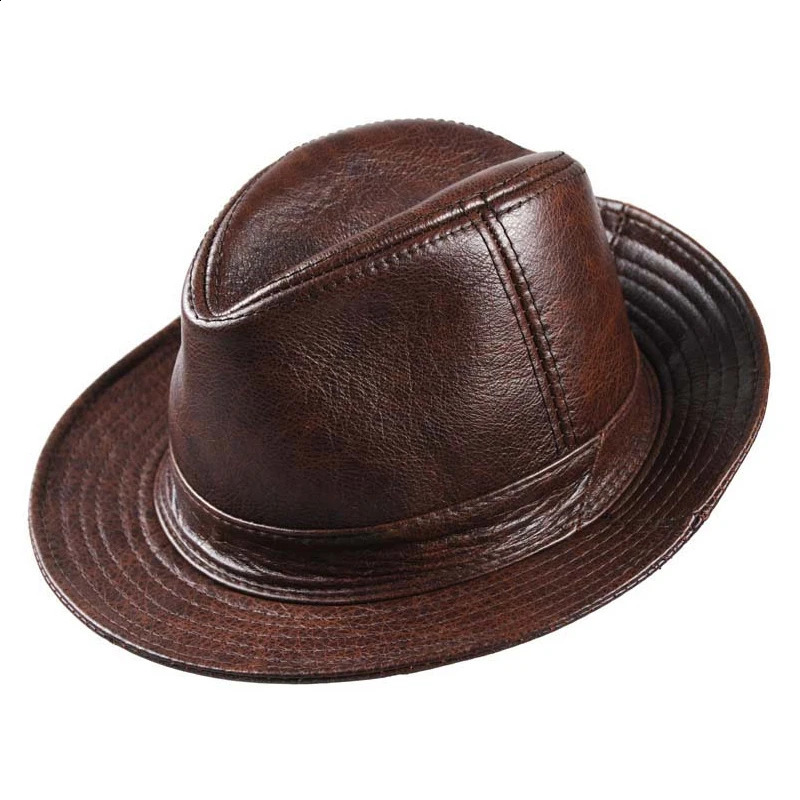 2024 Mens High Quality Genuine Leather Cowboy Leather Fedora Gentleman Cowboy Leather Short Brim Black/Brown Top Hat Mens Display 241105