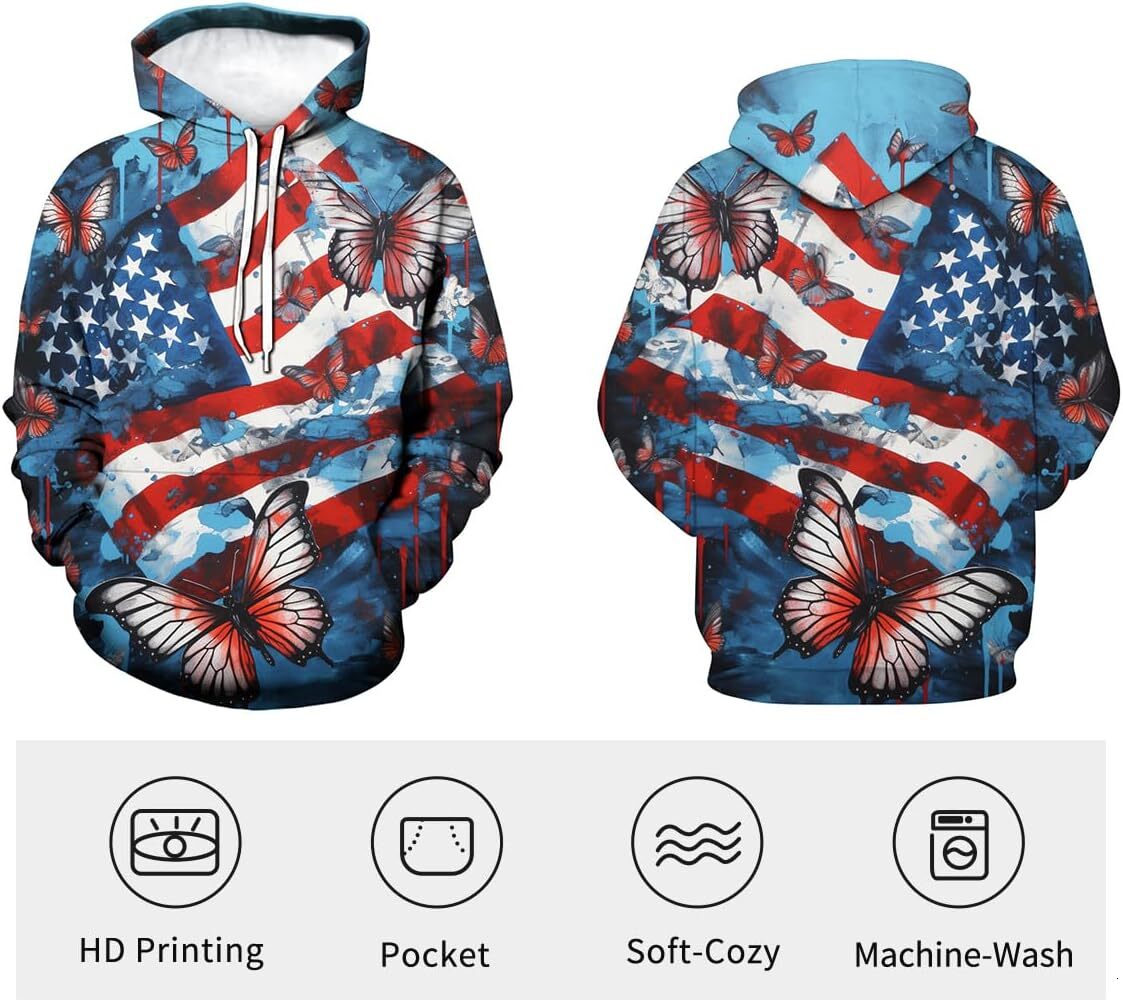 Hoodie for Mens Womens Men And Women 3D Printed Butterfly Graphic Hoodies American Flag Sweatshirts Graphic Hoodies sweatshirt Fashion Trends