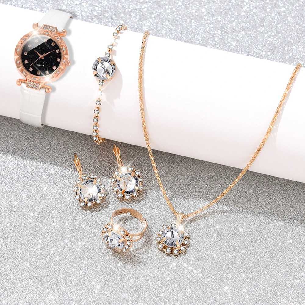 6-piece/set white watch PU strap quartz watch square diamond star sky dial jewelry set X241106