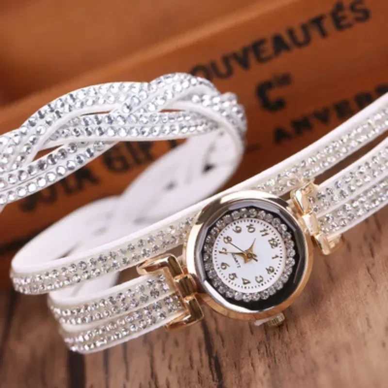 Leisure Gold Quartz Watch Warm Rhinestone Fashion Knitted Leather Bracelet Watch Gift Womens Watch Relogio Womens Gift X241106