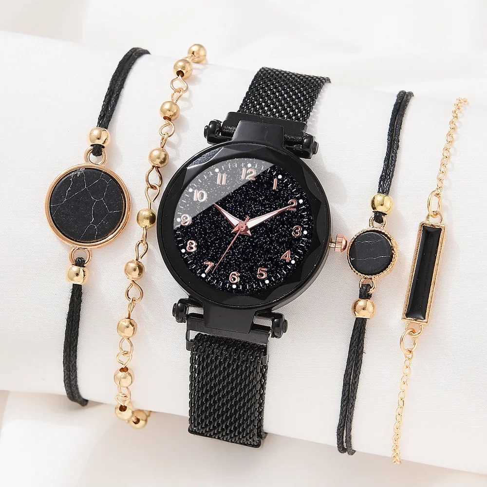 Ladies Starry Sky Round Dial Quartz Wristwatches 5pcs Set Wen Fashion Casual Mesh Belt Watches Simple Dress Clock Girls Gift X250203