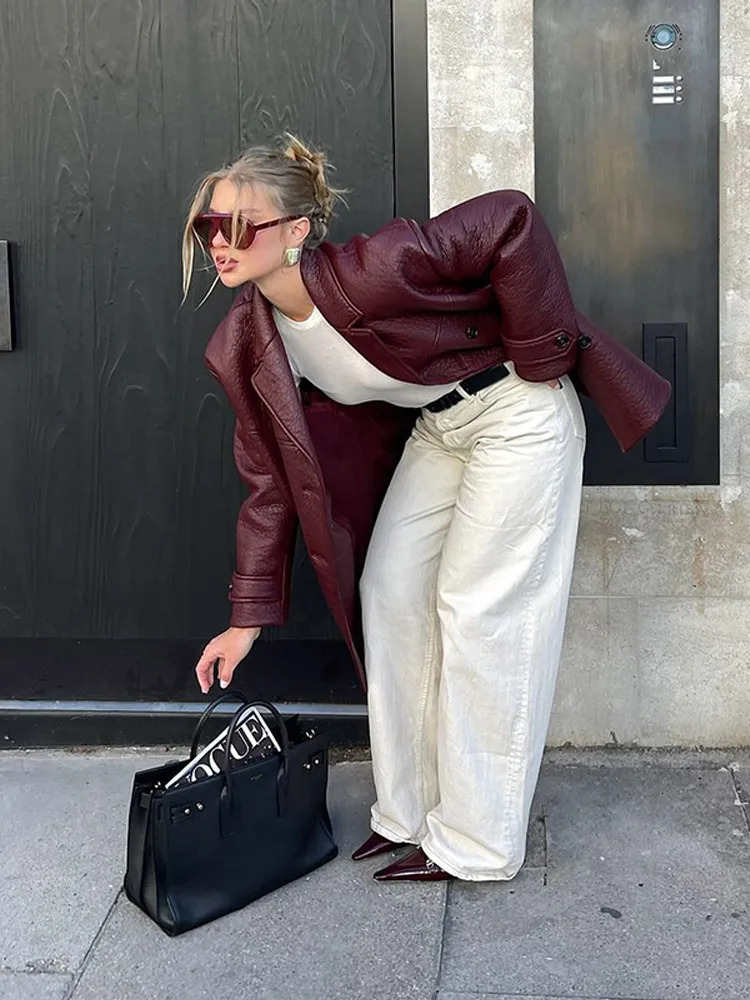 Fashion Double Breasted Burgundy Color Lychee Leather Jackets Women Chic Cropped Oversized Solid Coats Lady High Streetwear 2024 241106