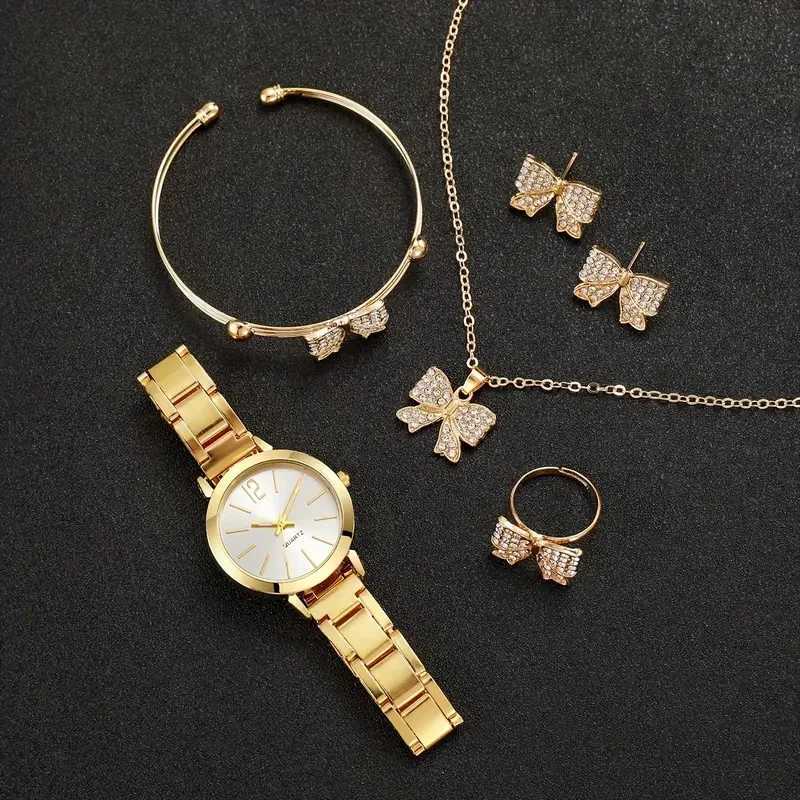 6 pieces of fashionable minimalist SC womens alloy CPACT quartz watches with bow necklaces rings earrings set X241106