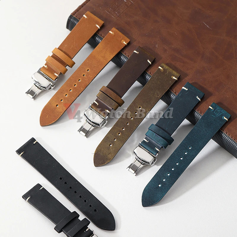 Stitching Cowhide Strap 181920212224mm Wrist Bracelet Vintage Leather Watch Band Butterfly Buckle 241105