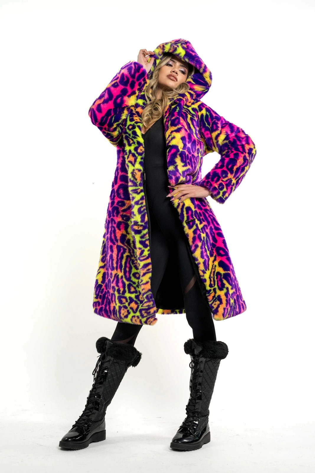 Womens Faux Fur Jacket Long Autumn And Winter Coat For Women In Neon Glitzy Leopard Print Hooded 241104