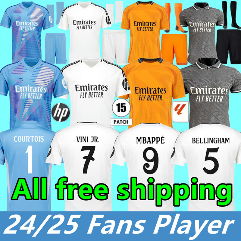 24 25 Reals VINI JR Hey Soccer Jerseys Madrids MBAPPE KROOS BELGHAM Jude Madrid VAERDE Jersey Tchouameni COURTOIS Football Shirts GK Mens Kid Kit Fans Player